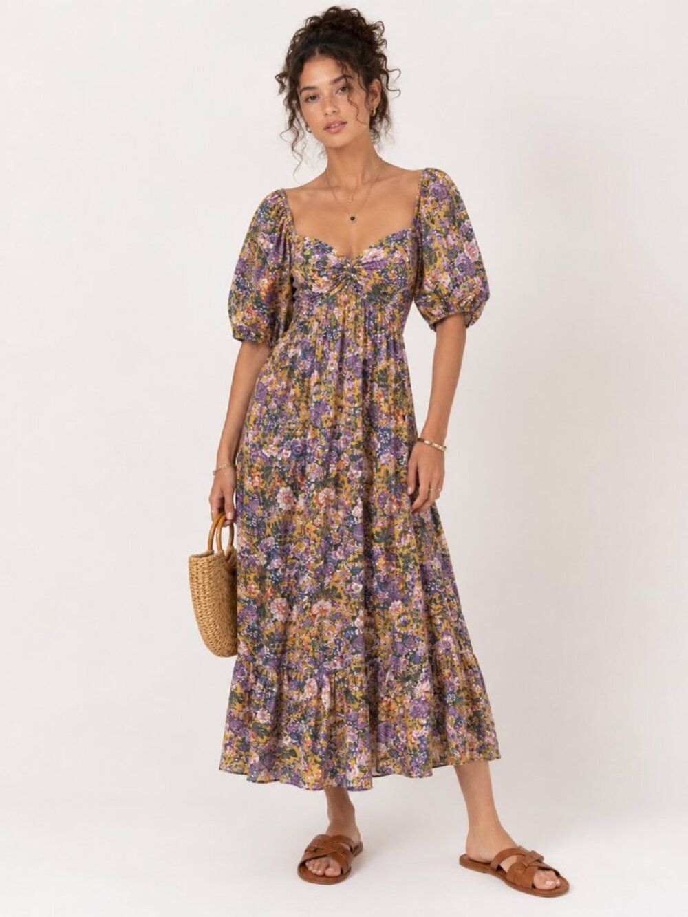 The Flourish Market Floral Puff Sleeve Midi Dress Size Small Cottagecore Boho